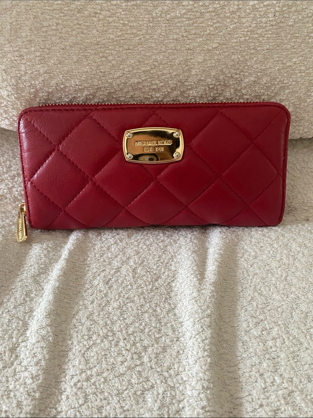 Michael Kors Quilted Red Leather Zip Around Continental Wallet w/ Gold Hardware